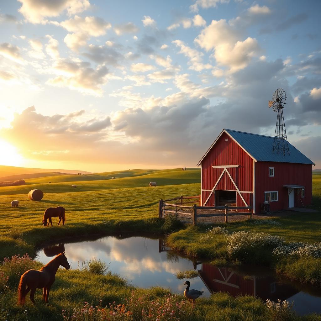 A serene and picturesque farm landscape at sunrise, featuring a rich, golden sky with soft, fluffy clouds