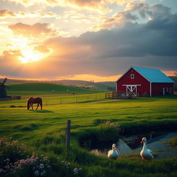 A serene and picturesque farm landscape at sunrise, featuring a rich, golden sky with soft, fluffy clouds