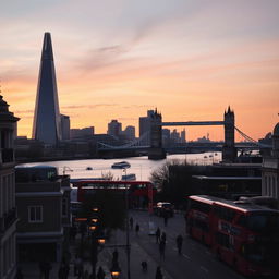A stunning view of London's skyline featuring the iconic Shard and Tower Bridge at sunset