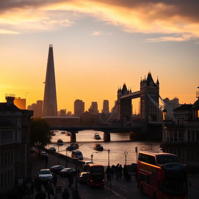 A stunning view of London's skyline featuring the iconic Shard and Tower Bridge at sunset