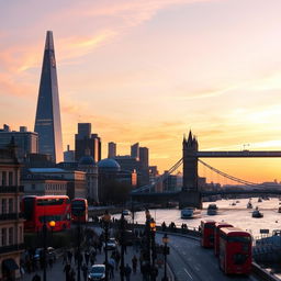 A stunning view of London's skyline featuring the iconic Shard and Tower Bridge at sunset