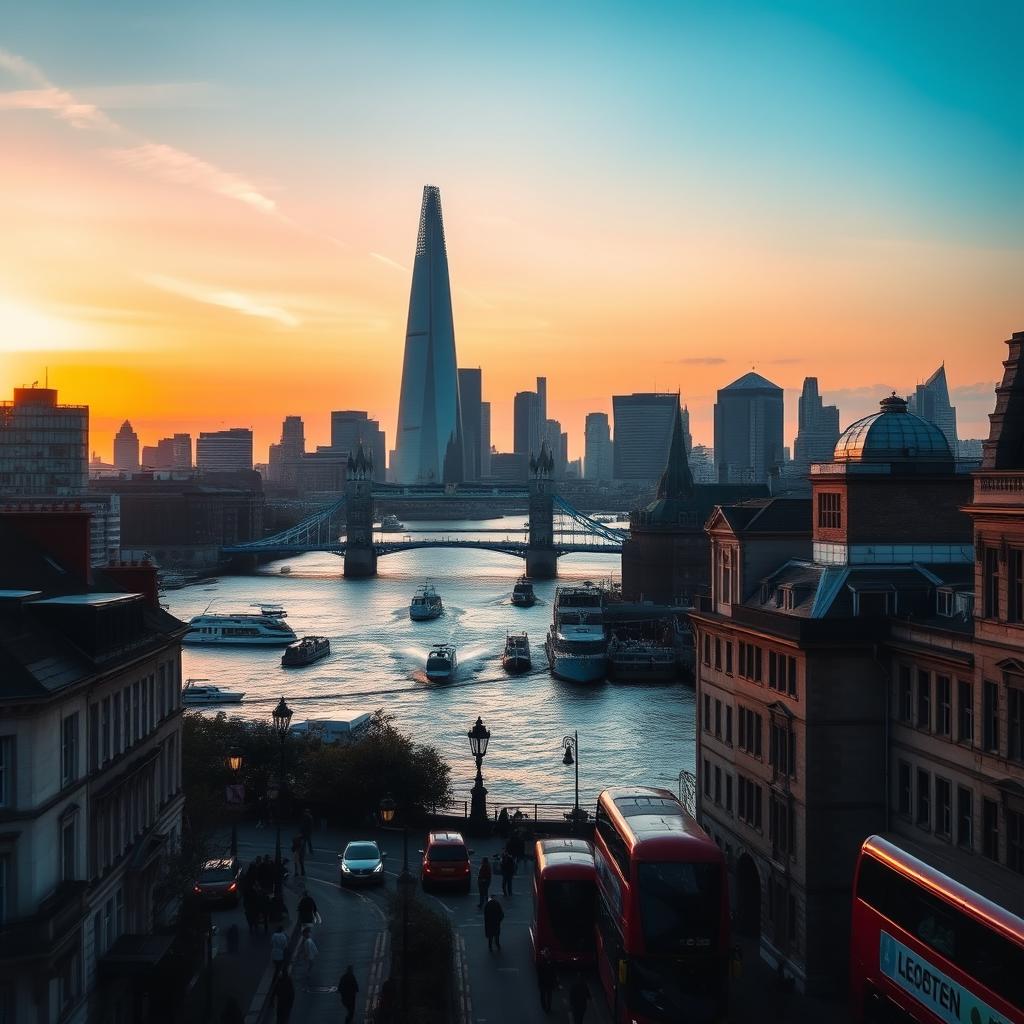 A stunning view of London's skyline featuring the iconic Shard and Tower Bridge at sunset