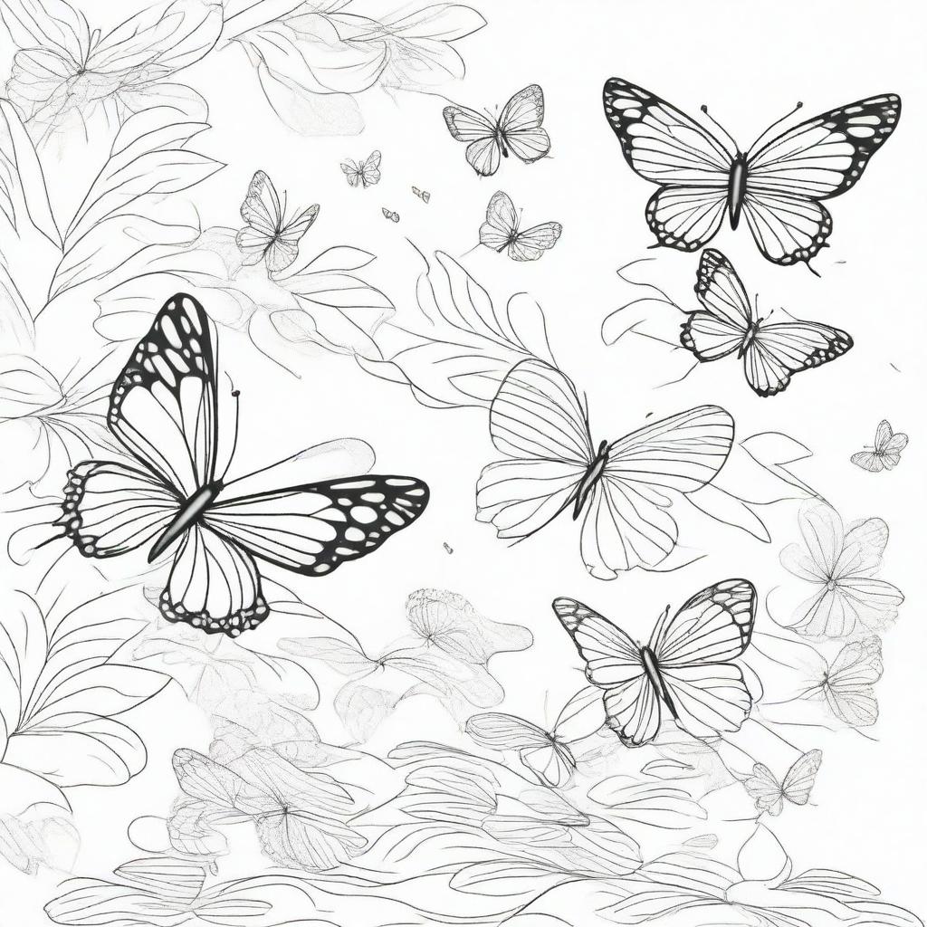 A coloring book page showing a swarm of butterflies emerging from the foreground to the background, exhibiting a sense of depth