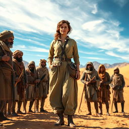 A powerful and evocative scene featuring Gertrude Bell, the pioneering British explorer and archaeologist, standing confidently among a diverse group of warriors in a historic desert landscape
