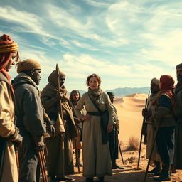 A powerful and evocative scene featuring Gertrude Bell, the pioneering British explorer and archaeologist, standing confidently among a diverse group of warriors in a historic desert landscape