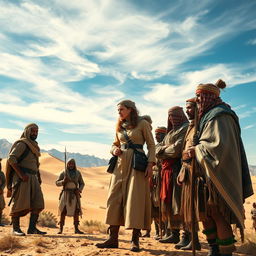 A powerful and evocative scene featuring Gertrude Bell, the pioneering British explorer and archaeologist, standing confidently among a diverse group of warriors in a historic desert landscape