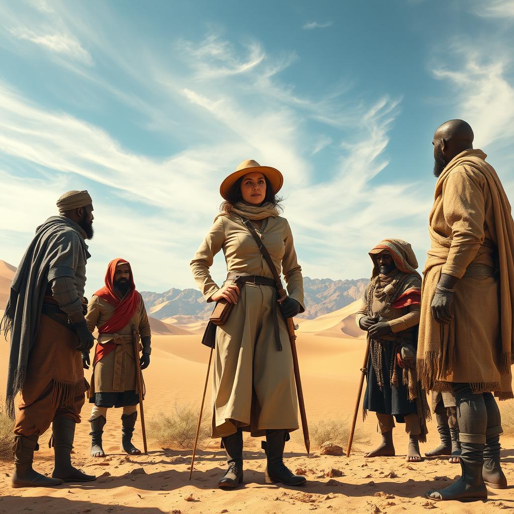 A powerful and evocative scene featuring Gertrude Bell, the pioneering British explorer and archaeologist, standing confidently among a diverse group of warriors in a historic desert landscape