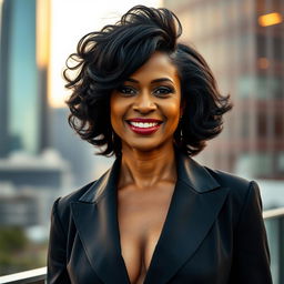 A 40-year-old woman of African descent with thick black hair, dressed in chic and elegant clothing that reflects her sophisticated style
