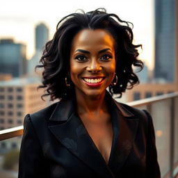 A 40-year-old woman of African descent with thick black hair, dressed in chic and elegant clothing that reflects her sophisticated style
