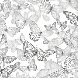 A coloring book page showing a swarm of butterflies emerging from the foreground to the background, exhibiting a sense of depth