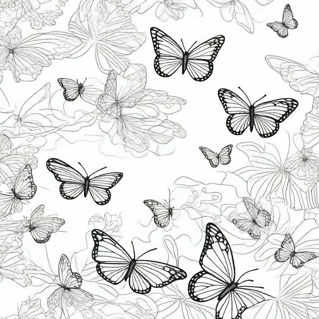 A coloring book page showing a swarm of butterflies emerging from the foreground to the background, exhibiting a sense of depth