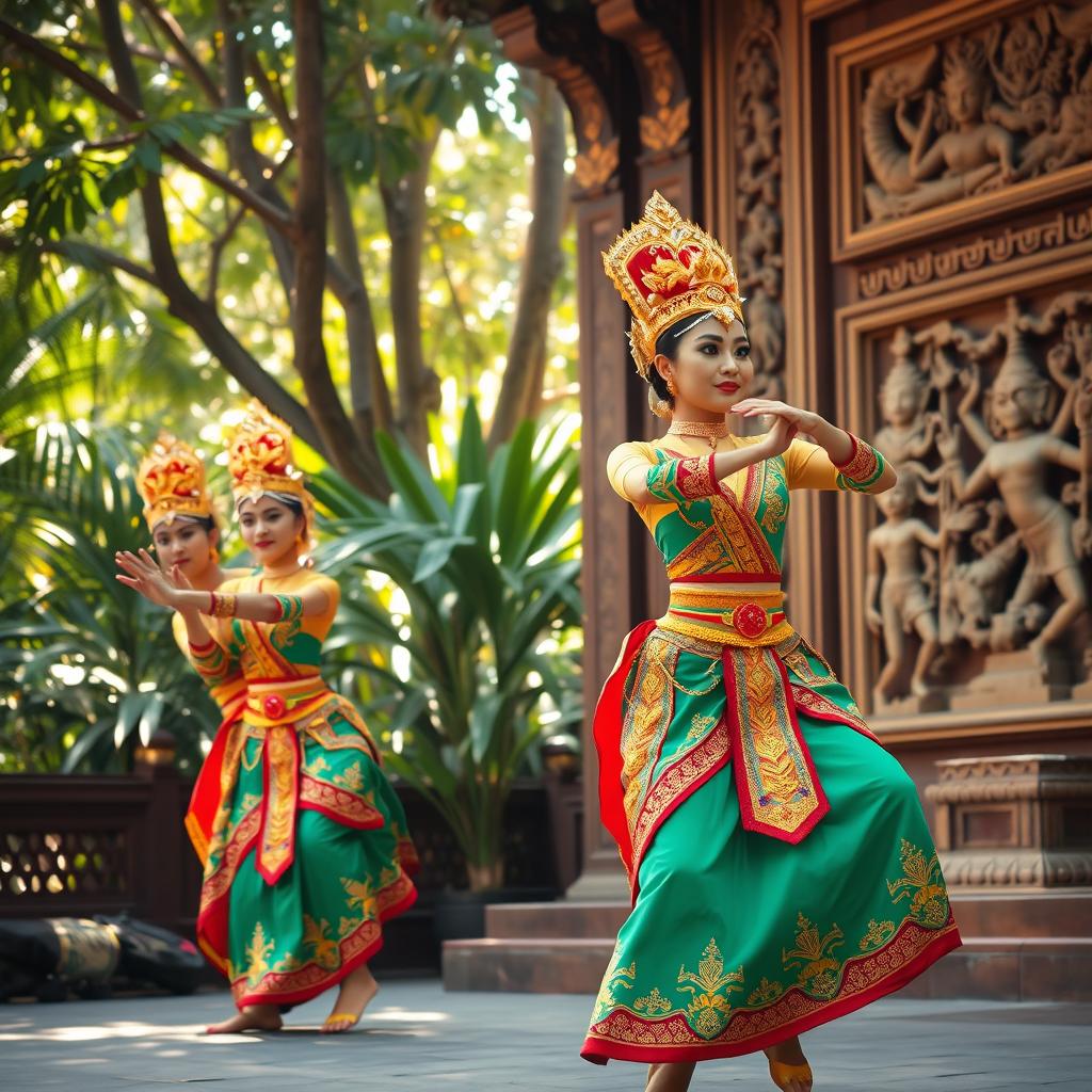 A vibrant and colorful scene featuring traditional Khmer dancers performing in an ornate temple setting