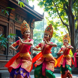 A vibrant and colorful scene featuring traditional Khmer dancers performing in an ornate temple setting