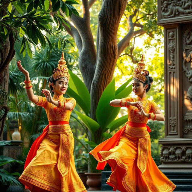 A vibrant and colorful scene featuring traditional Khmer dancers performing in an ornate temple setting