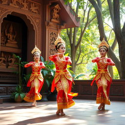 A vibrant and colorful scene featuring traditional Khmer dancers performing in an ornate temple setting
