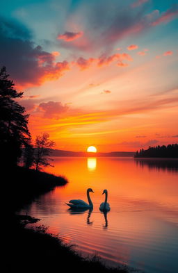 A serene landscape showcasing a beautiful sunset over a calm lake, with vibrant oranges and pinks reflecting in the water