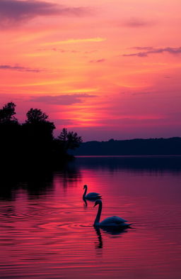 A serene landscape showcasing a beautiful sunset over a calm lake, with vibrant oranges and pinks reflecting in the water