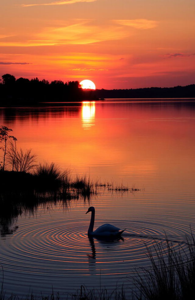 A serene landscape showcasing a beautiful sunset over a calm lake, with vibrant oranges and pinks reflecting in the water