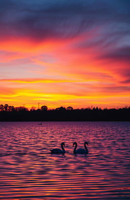 A serene landscape showcasing a beautiful sunset over a calm lake, with vibrant oranges and pinks reflecting in the water