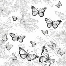 A coloring book page showing a swarm of butterflies emerging from the foreground to the background, exhibiting a sense of depth