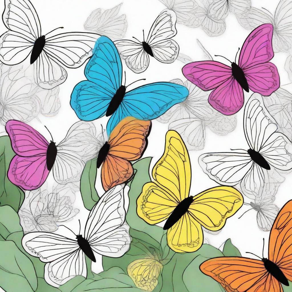 A coloring book page showing a swarm of butterflies emerging from the foreground to the background, exhibiting a sense of depth