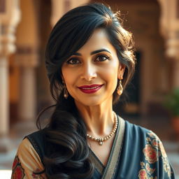 A 40-year-old woman of Middle Eastern descent with thick black hair, elegantly dressed in a stylish and culturally inspired outfit that reflects her heritage