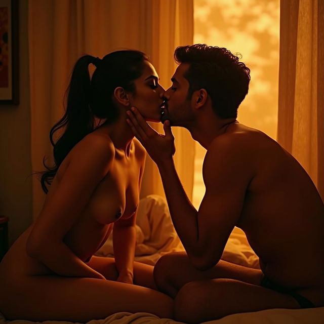 The scene depicts a sensuous and intimate moment in a warmly lit hostel room, where Kiara Advani, renowned Indian actress, is artfully portrayed in a nude pose, gracefully leaning against the wall while sitting on a bed