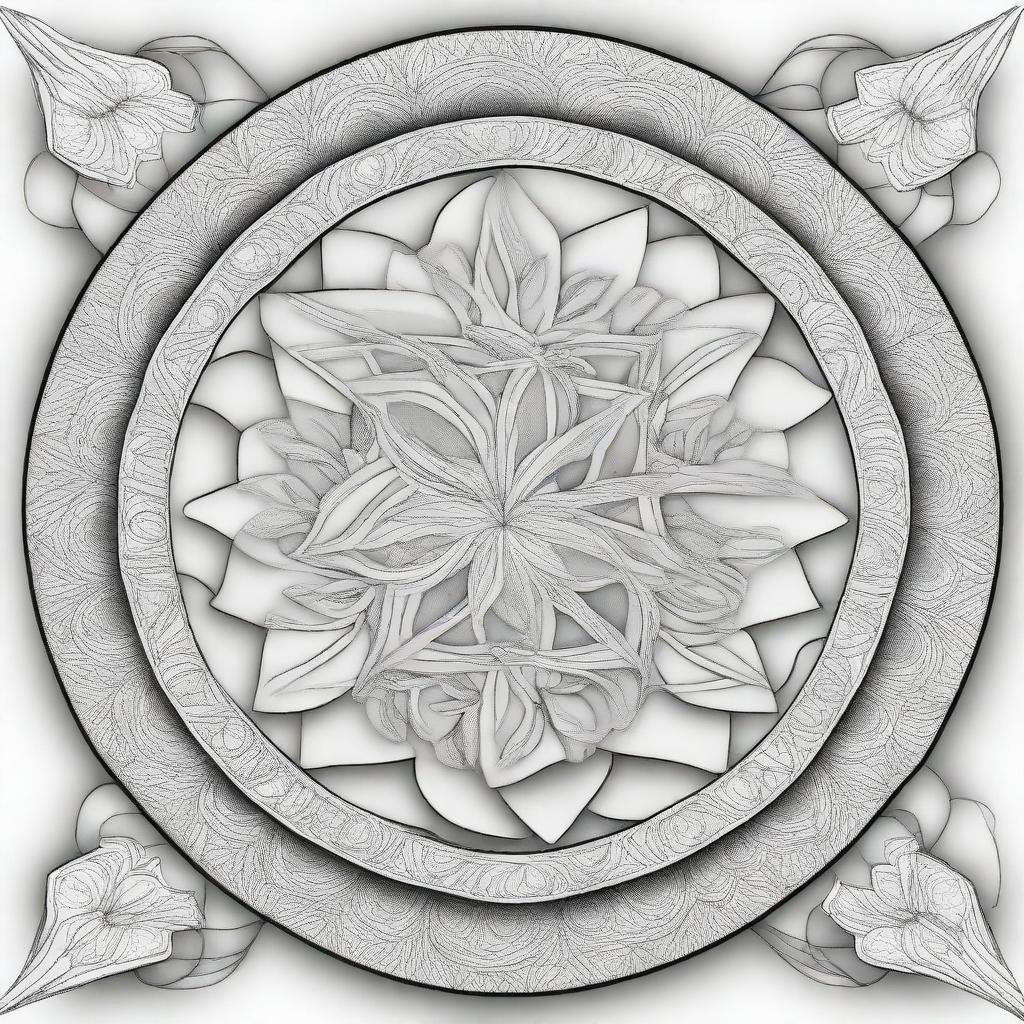 A coloring book page showcasing a meticulously detailed 3D mandala design, with a sense of depth