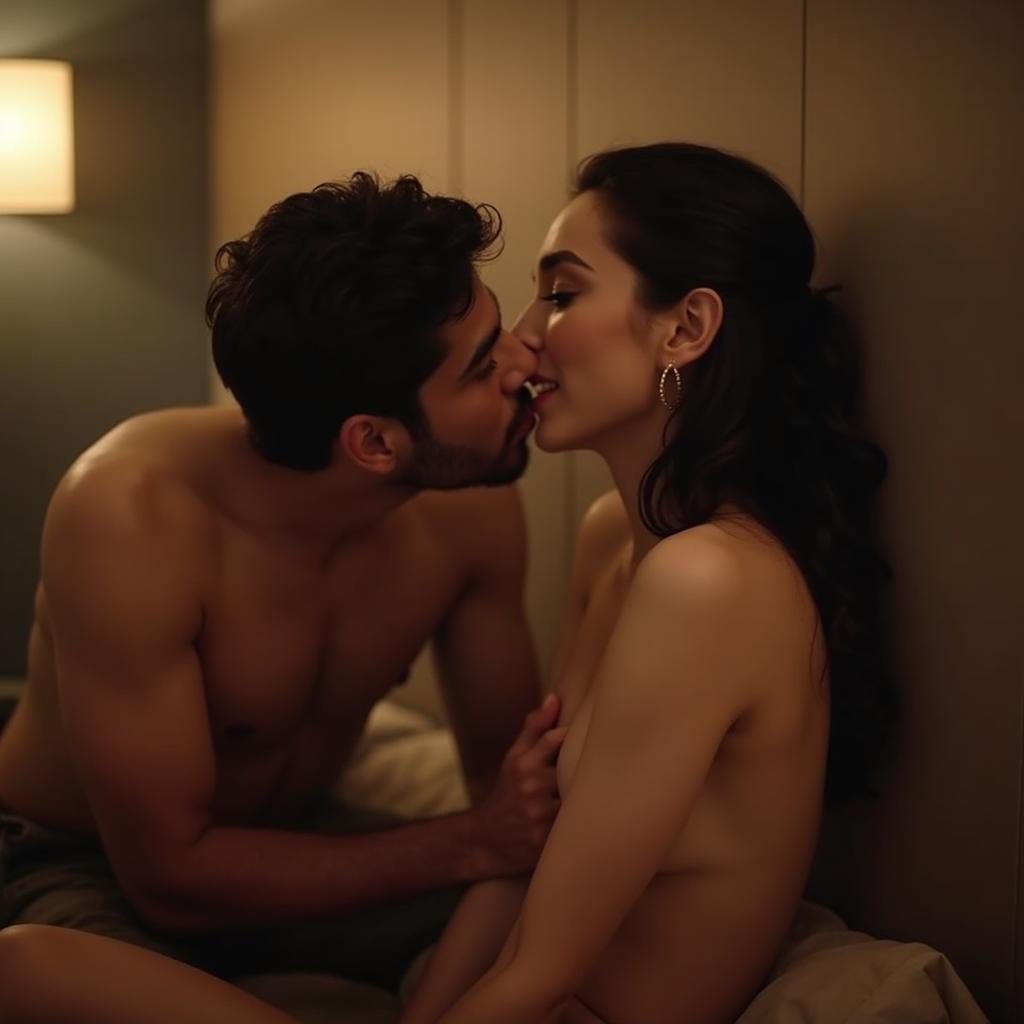 A suggestive scene set in a cozy hostel room featuring Kiara Advani, an Indian actress, depicted in an artistic, intimate manner while sitting on a bed, leaning against the wall