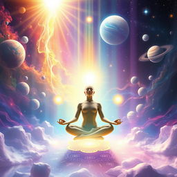 A surreal depiction of higher consciousness and spiritual awakening, featuring vibrant, ethereal colors, swirling energies and heavenly light