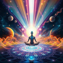 A surreal depiction of higher consciousness and spiritual awakening, featuring vibrant, ethereal colors, swirling energies and heavenly light
