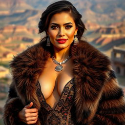 A stunning Afghan woman confidently poses with her big cleavage visible, dressed in a luxurious, stylish fur jacket
