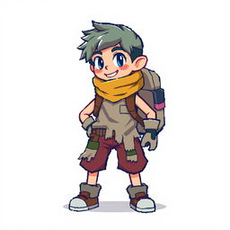 A 16x32 pixel sprite of a main character with bright colors to stand out against the background