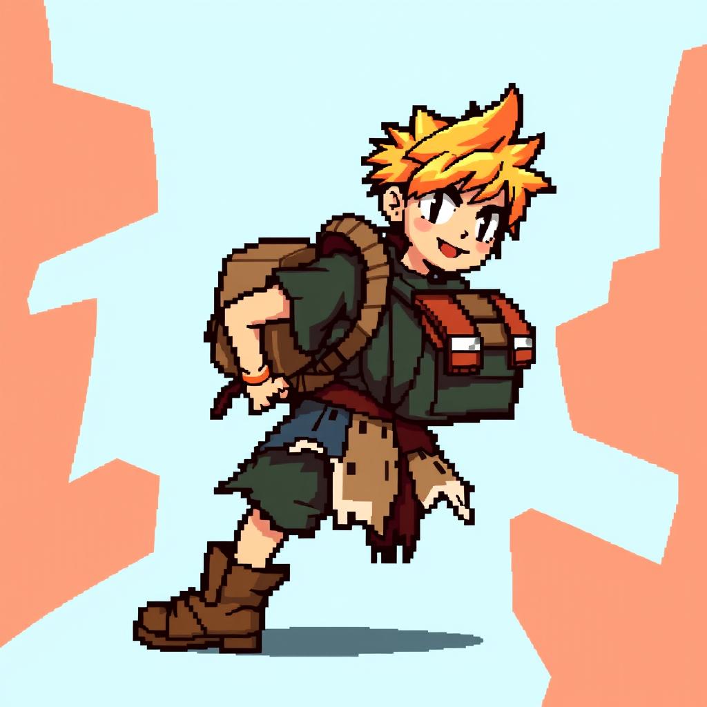 A 16x32 pixel sprite of a main character with bright colors to stand out against the background