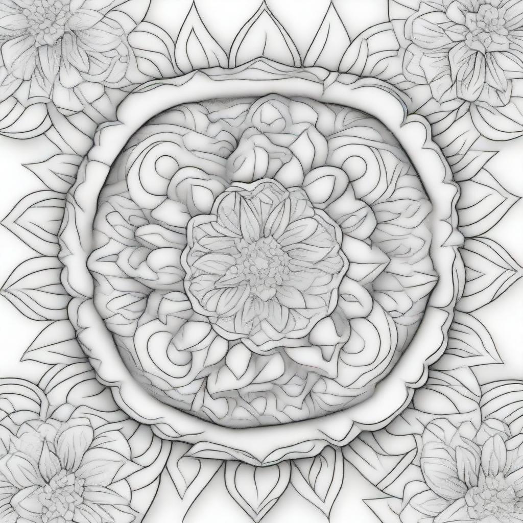 A coloring book page showcasing a meticulously detailed 3D mandala design, with a sense of depth