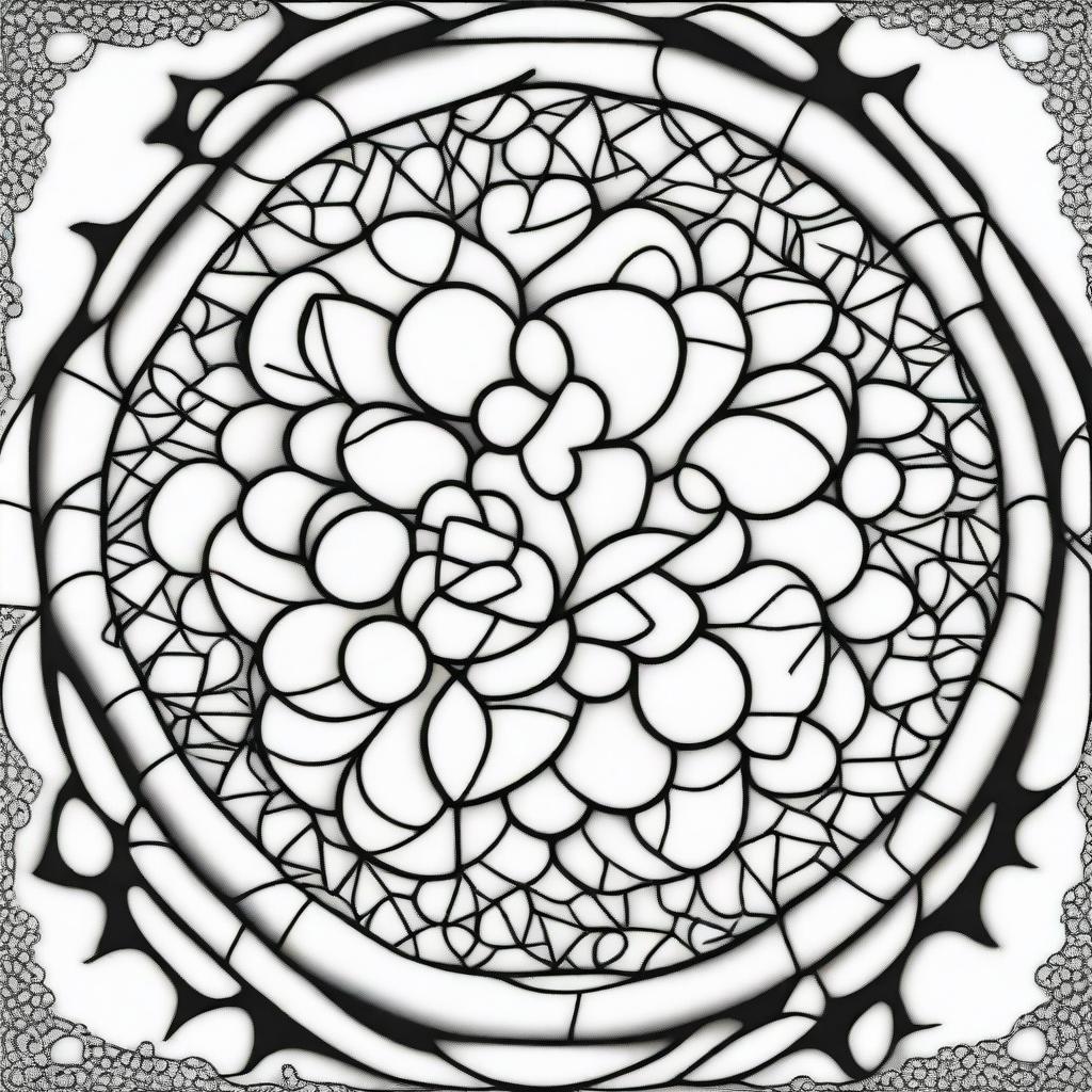 A simple mandala coloring page depicting varying depths and dimensions within the circles and geometric patterns.