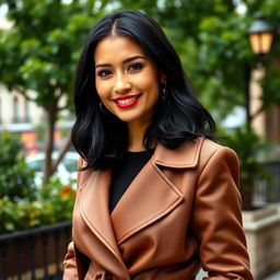 A 40-year-old woman of European descent with thick black hair, stylishly dressed in modern and chic clothing that reflects contemporary fashion
