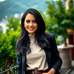 A 40-year-old woman of European descent with thick black hair, stylishly dressed in modern and chic clothing that reflects contemporary fashion