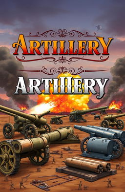 A beautifully illustrated cover for an artillery book, showcasing various types of historical and modern artillery pieces like cannons, howitzers, and missile launchers