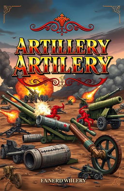 A beautifully illustrated cover for an artillery book, showcasing various types of historical and modern artillery pieces like cannons, howitzers, and missile launchers