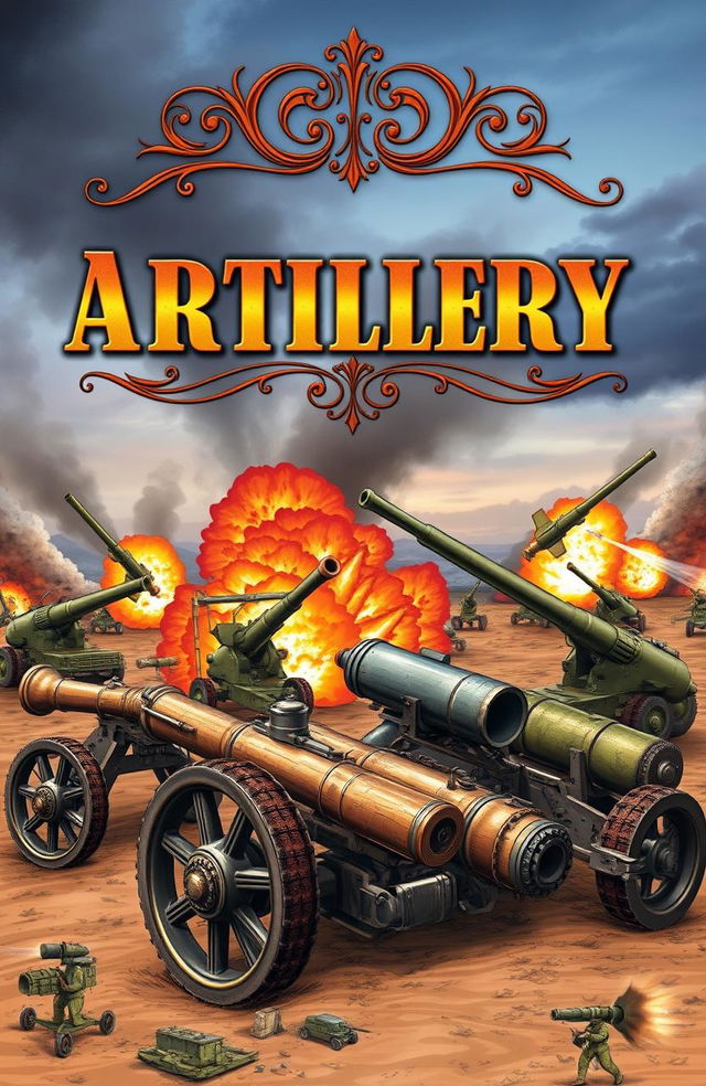 A beautifully illustrated cover for an artillery book, showcasing various types of historical and modern artillery pieces like cannons, howitzers, and missile launchers