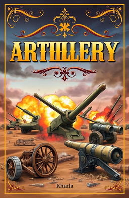 A beautifully illustrated cover for an artillery book, showcasing various types of historical and modern artillery pieces like cannons, howitzers, and missile launchers