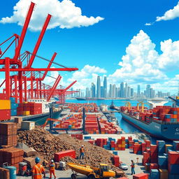 A vibrant illustration depicting a bustling scene at the Miami shipyards, featuring various ships, cranes, and a backdrop of colorful shipping containers