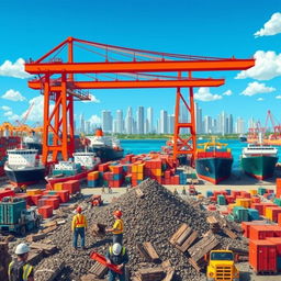A vibrant illustration depicting a bustling scene at the Miami shipyards, featuring various ships, cranes, and a backdrop of colorful shipping containers