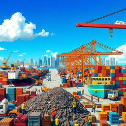 A vibrant illustration depicting a bustling scene at the Miami shipyards, featuring various ships, cranes, and a backdrop of colorful shipping containers