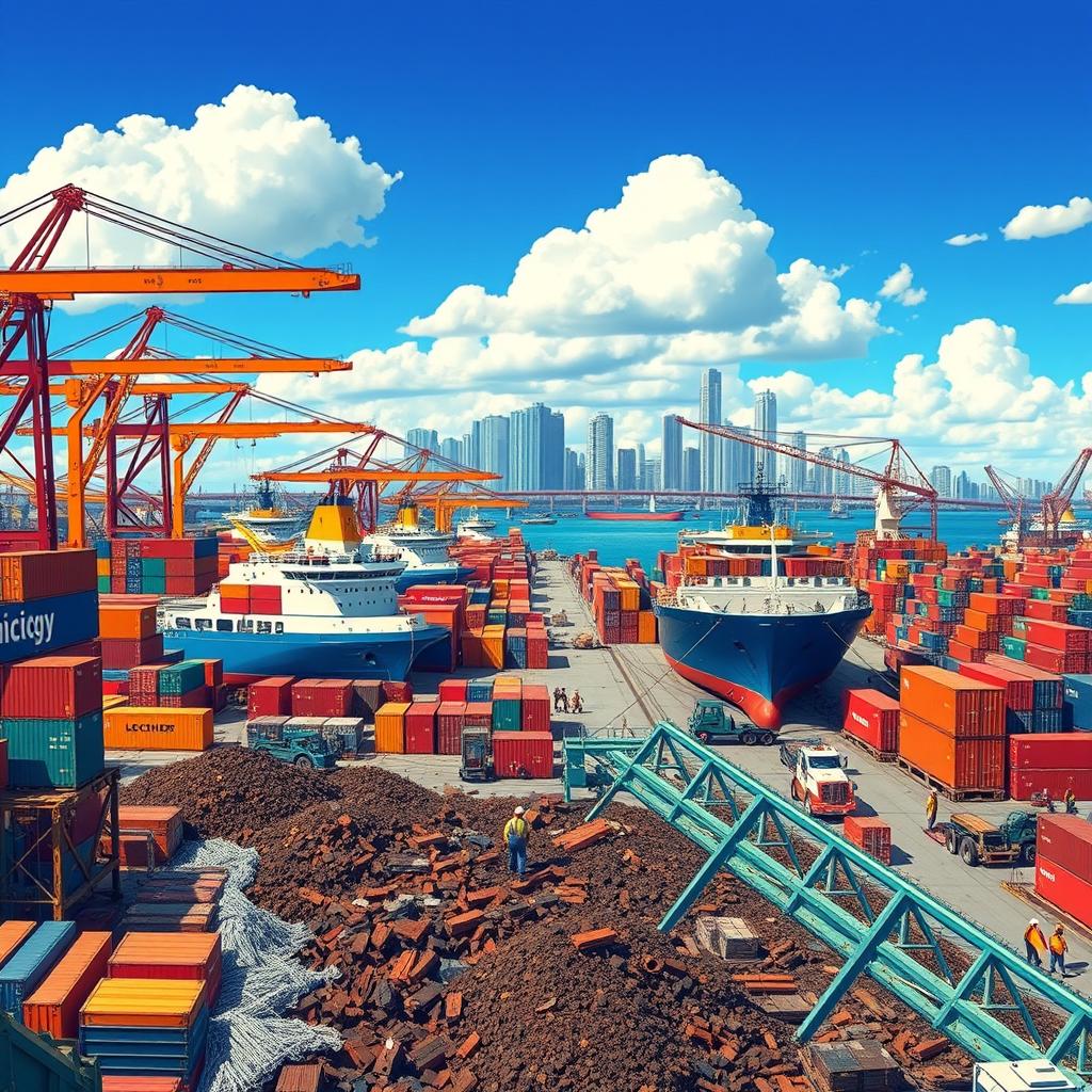 A vibrant illustration depicting a bustling scene at the Miami shipyards, featuring various ships, cranes, and a backdrop of colorful shipping containers