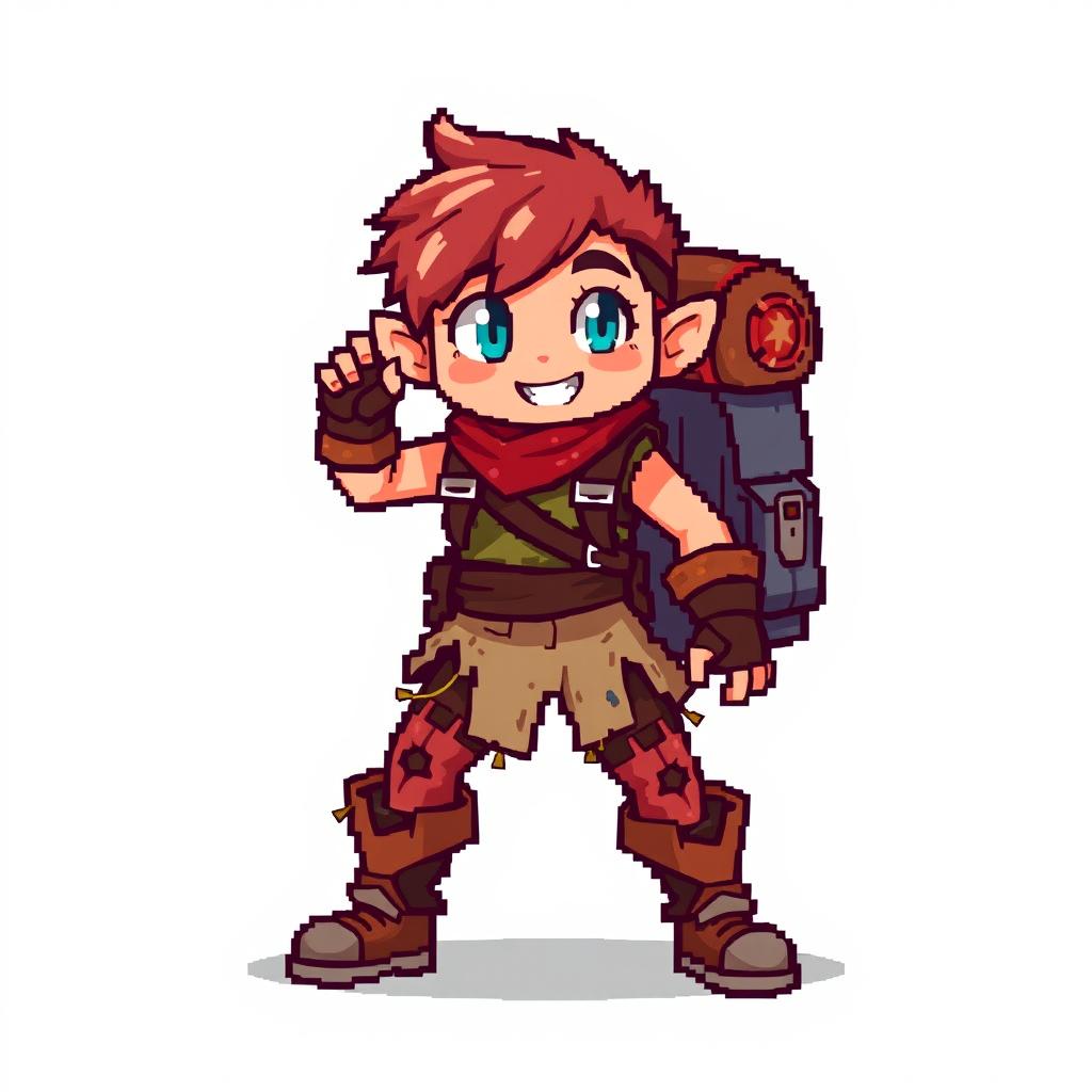 A 16x32 pixel sprite of a main character with bright colors to stand out against the background