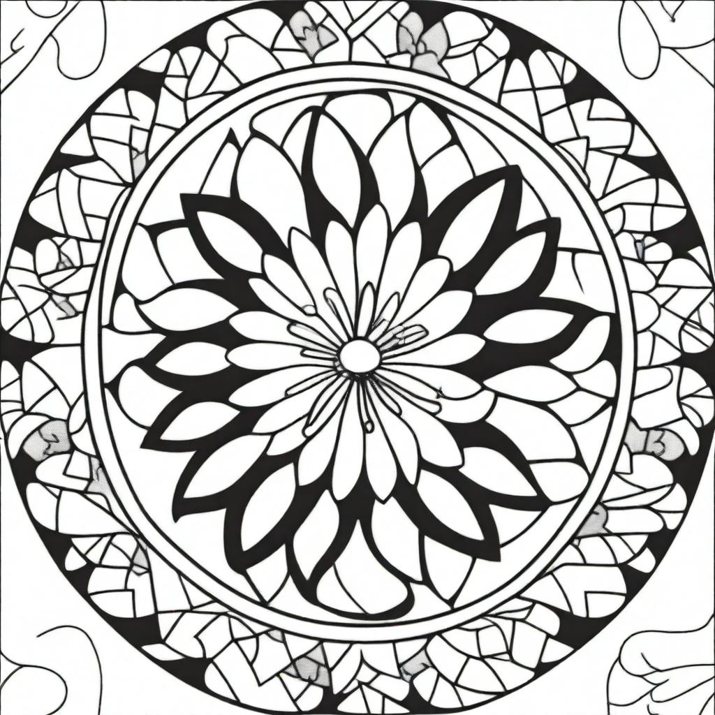 A simple mandala coloring page depicting varying depths and dimensions within the circles and geometric patterns.