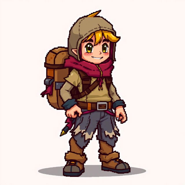 A 16x32 pixel sprite of a main character with bright colors to stand out against the background