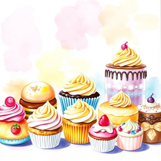 A vibrant and inviting watercolor painting depicting a delicious dessert display perfect for a bakery logo